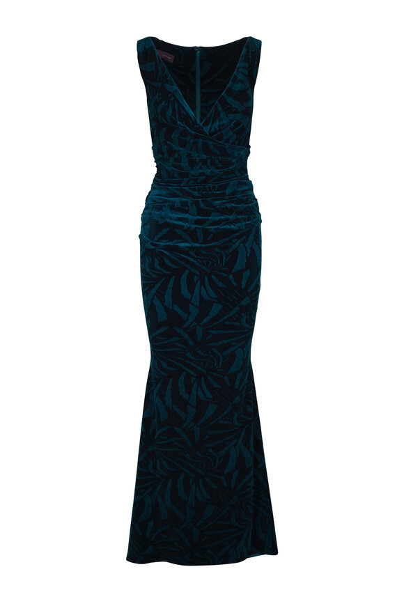 Talbot Runhof Cypress Palm Leaf Velvet Evening Gown