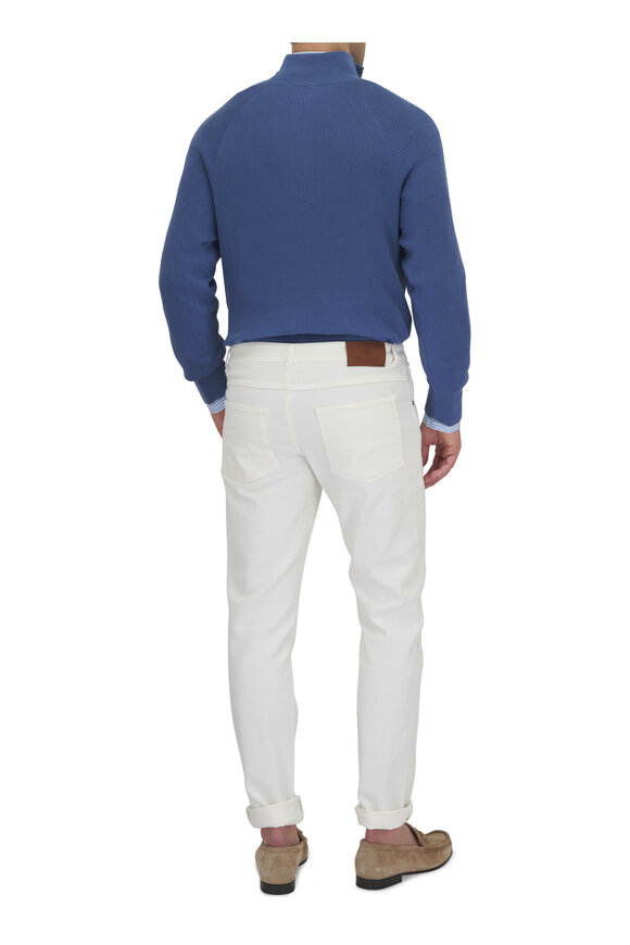 Brunello Cucinelli - Blue Ribbed Cotton Quarter Zip Sweater 