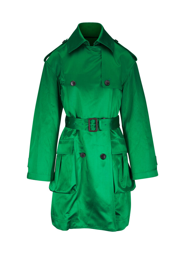 Dries Van Noten Rondarti Green Satin Double Breasted Coat