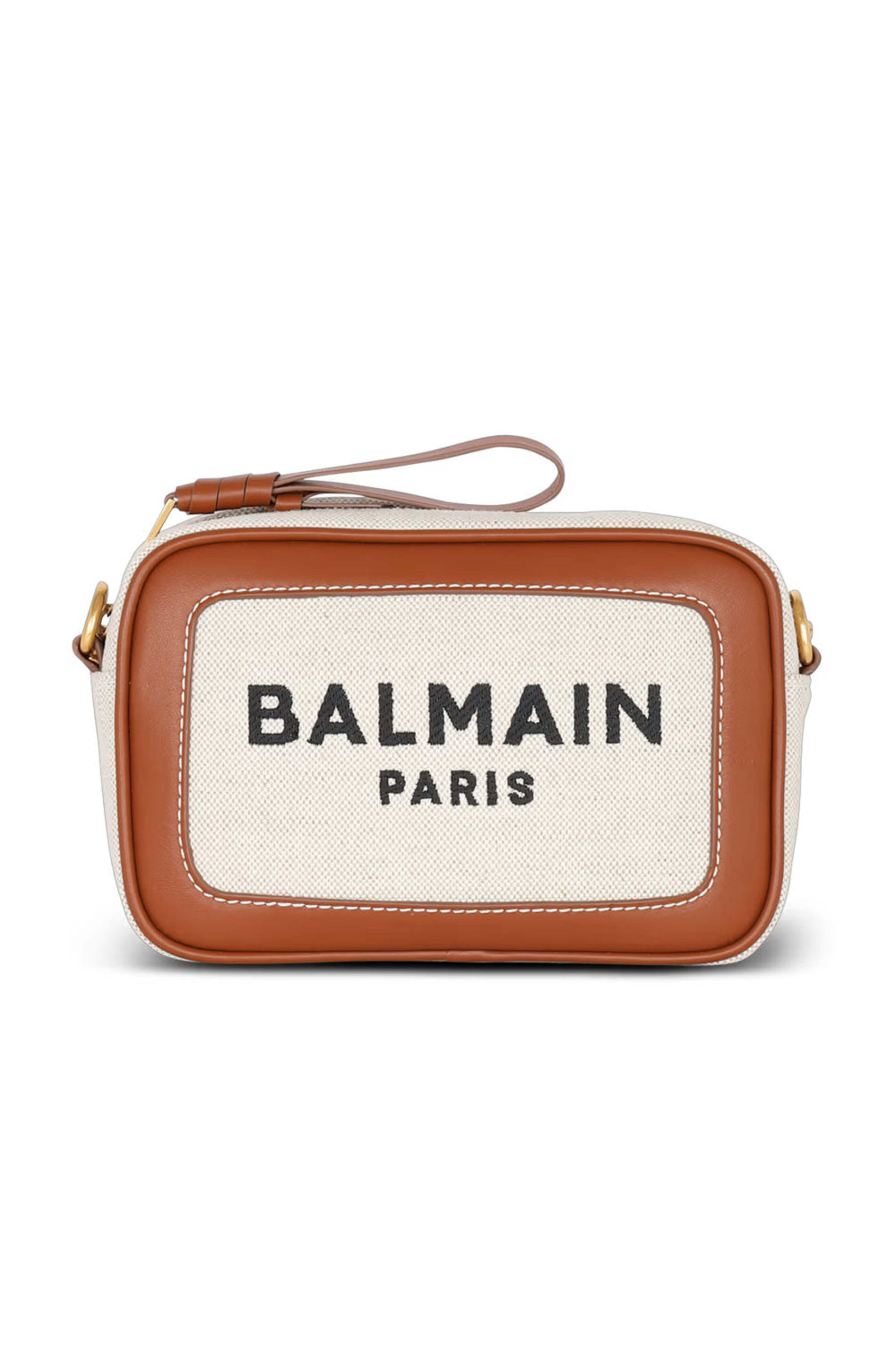 【Balmain】 B-Armyレザートリムキャンバス makeupバッグ B-Army leather-trimmed canvas makeup bag in beige - Balmain