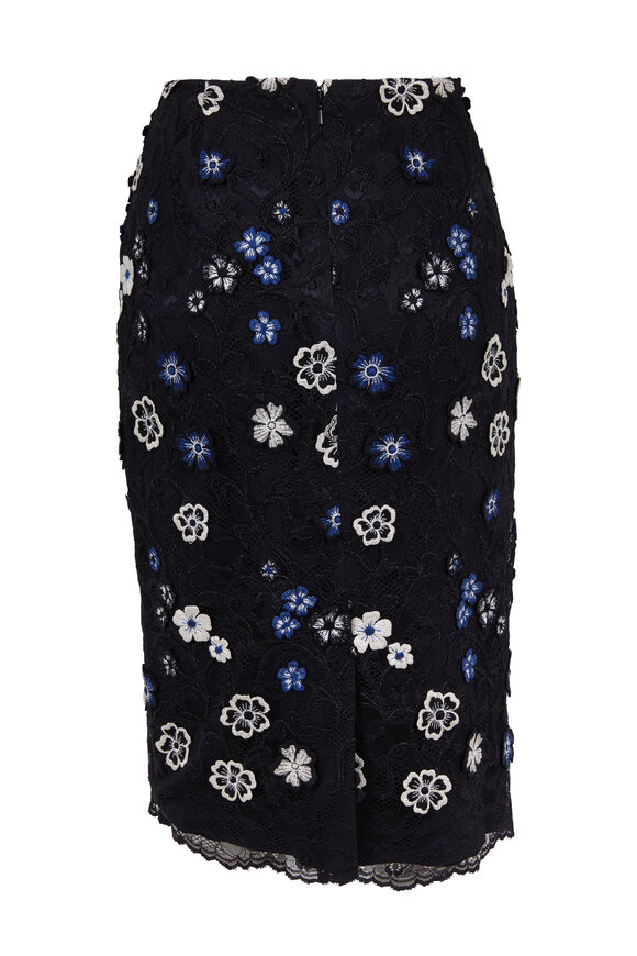 Lela Rose - Navy Blue & Black Floral Embroidered Pencil Skirt