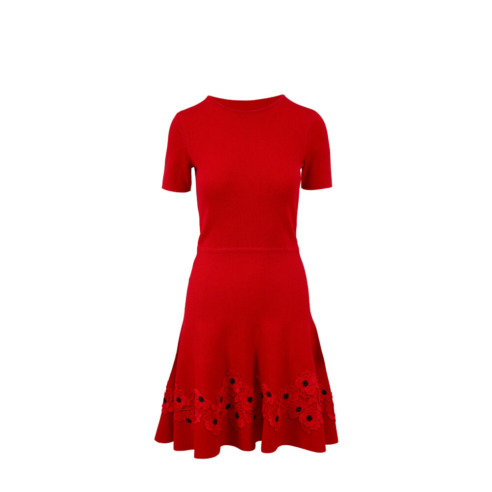 Oscar de la Renta - Red Poppy Hem Fit & Flare Knit Dress