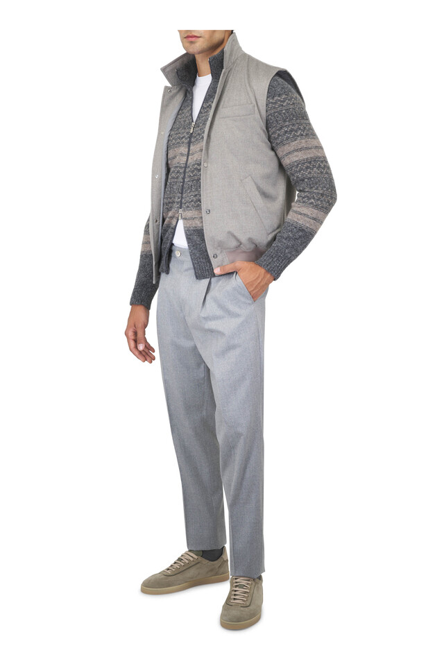 Brunello Cucinelli outfit featuring Sage Suede T-Toe Sneaker, Light Stone Cashmere Vest and 2 other pieces