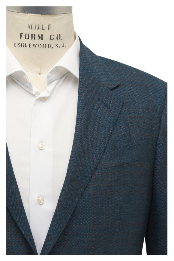 Zegna Dark Teal Plaid Wool, Silk & Linen Sportcoat