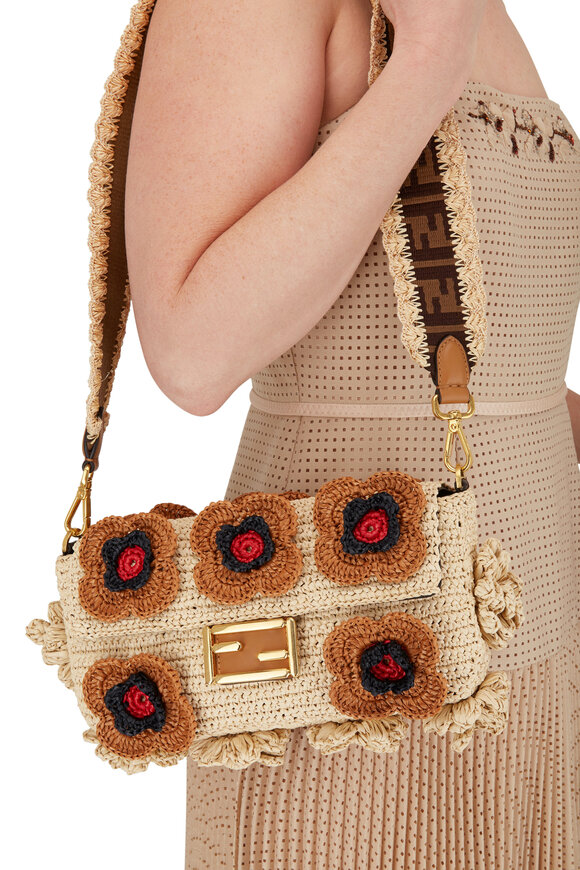 Fendi - Nude Woven Straw Floral Patches Baguette