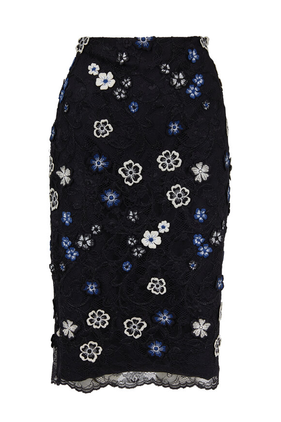 Lela Rose - Navy Blue & Black Floral Embroidered Pencil Skirt