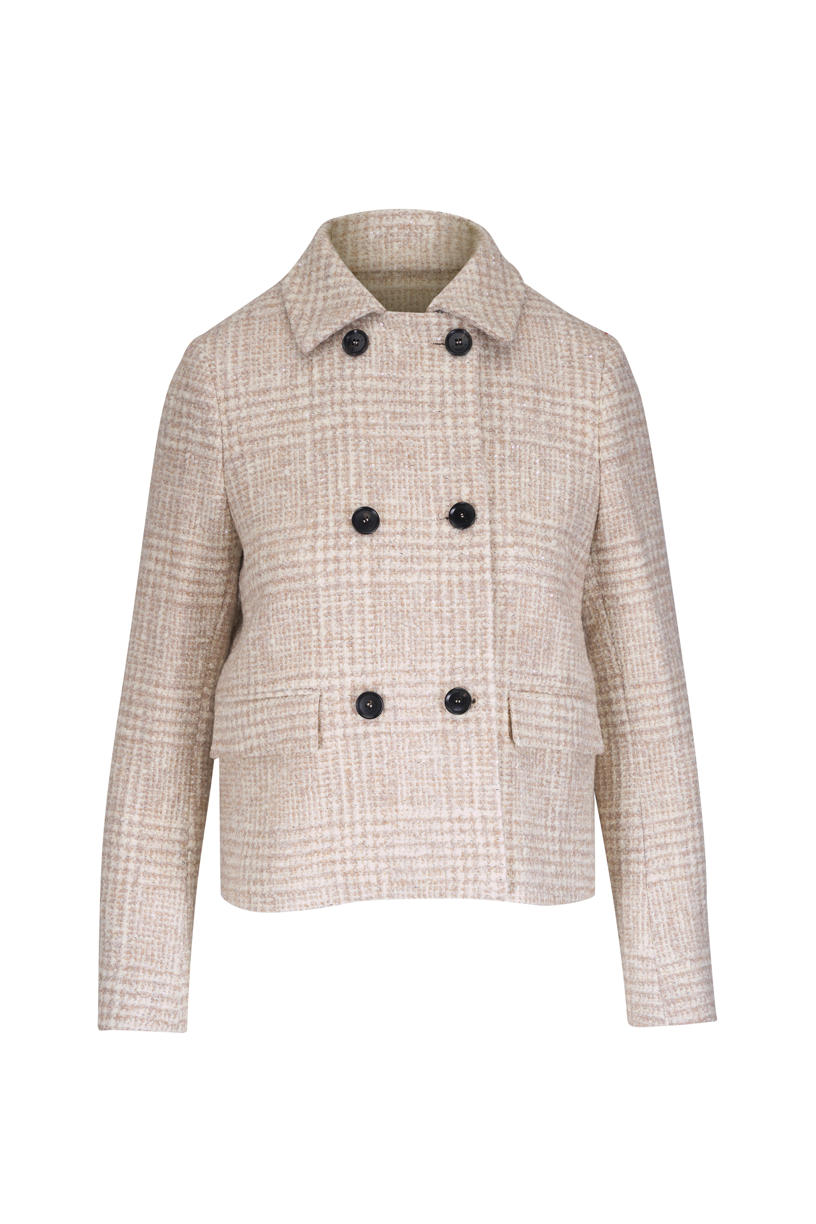 Kiton - Beige Plaid Sequin Double Breasted Coat