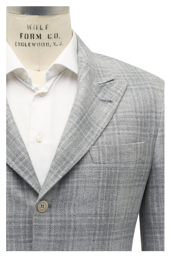 Brunello Cucinelli Gray Plaid Linen, Wool & Silk Sportcoat