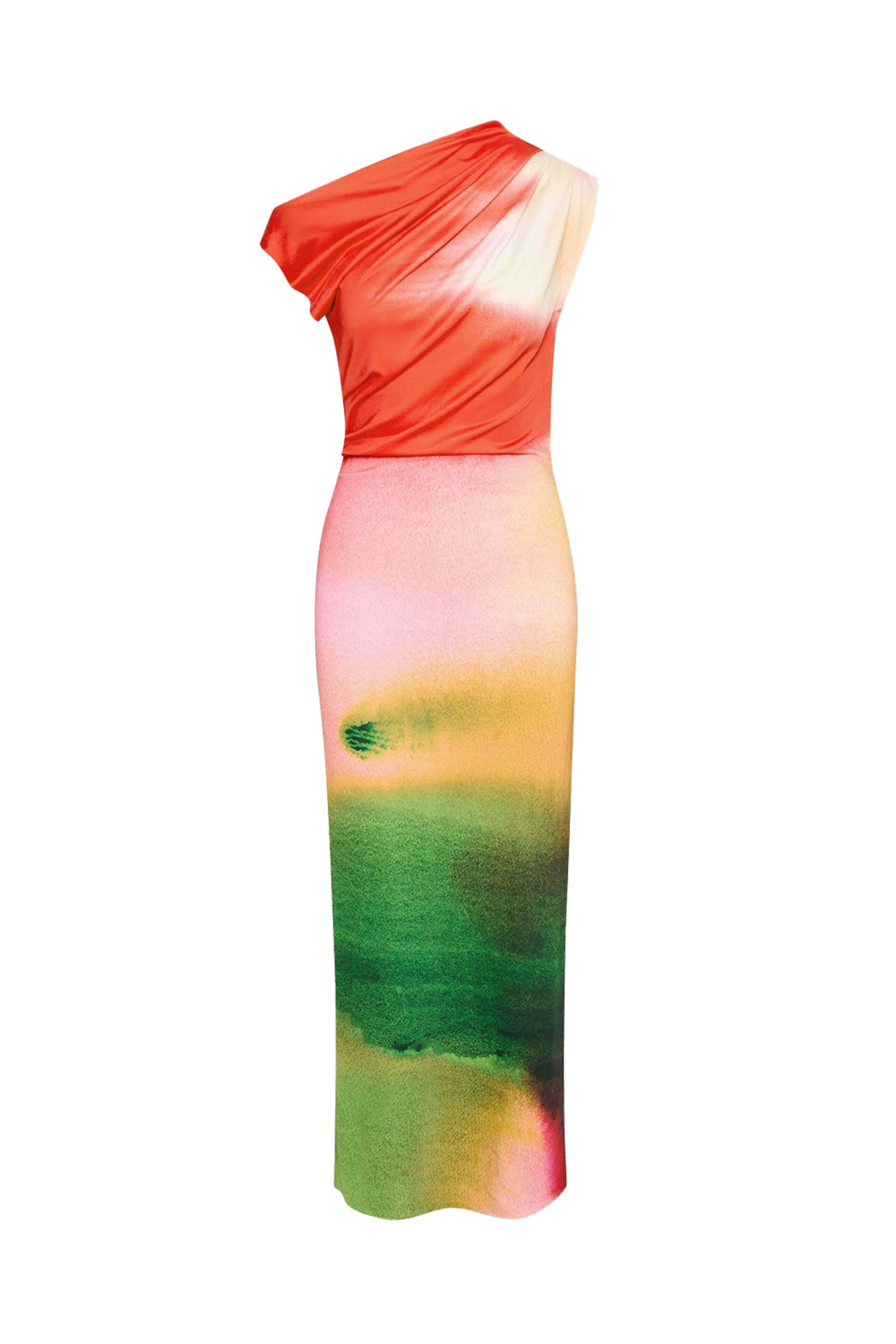 Oscar de la Renta - Vermillion Abstract Watercolor Draped Jersey Dress