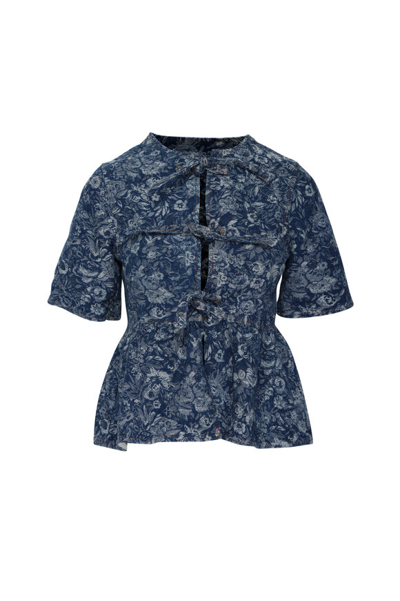 Ganni Tapestry Mid Blue Denim Peplum Blouse