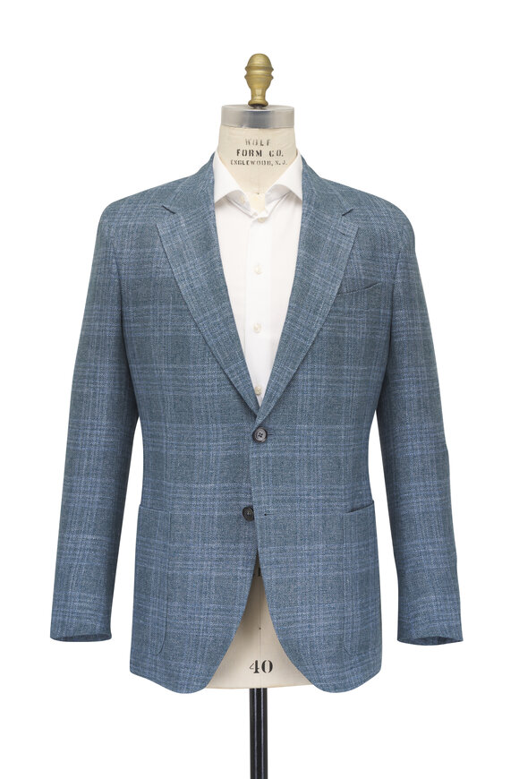 Zegna Teal & Blue Check Linen, Wool & Silk Sportcoat - view 3