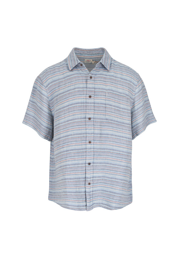 Faherty Brand Blue Gulf Stripe Palma Linen Short Sleeve Shirt