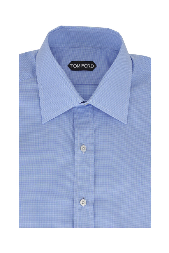 Tom Ford Dobby Blue Micro Check Cotton Dress Shirt