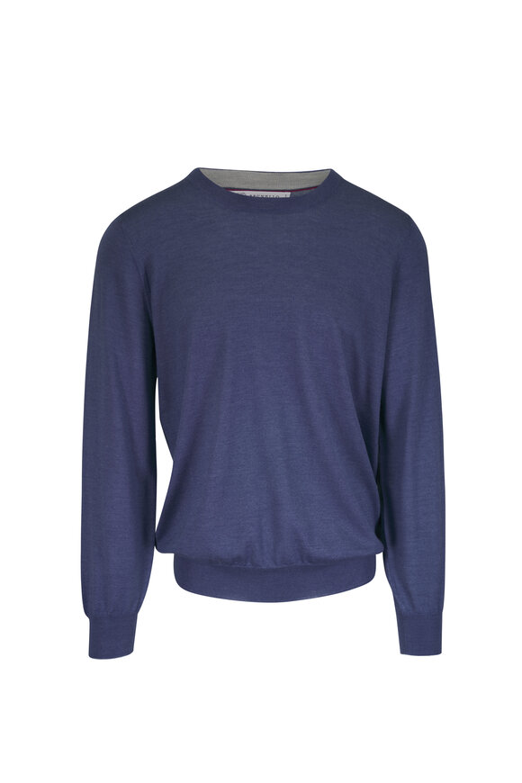 Brunello Cucinelli Denim Blue Cashmere & Silk Crewneck Sweater