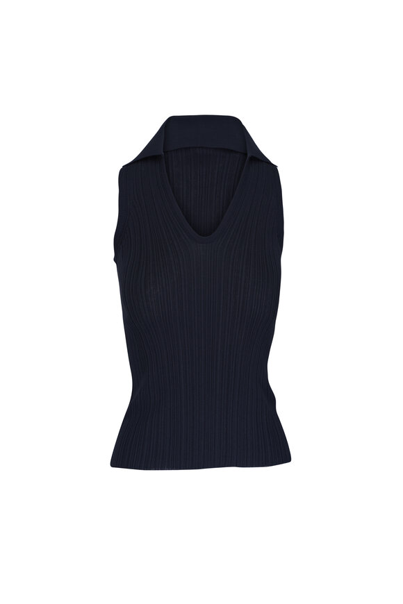 Agnona Navy Cotton & Silk Sleeveless Micro Plisse Polo