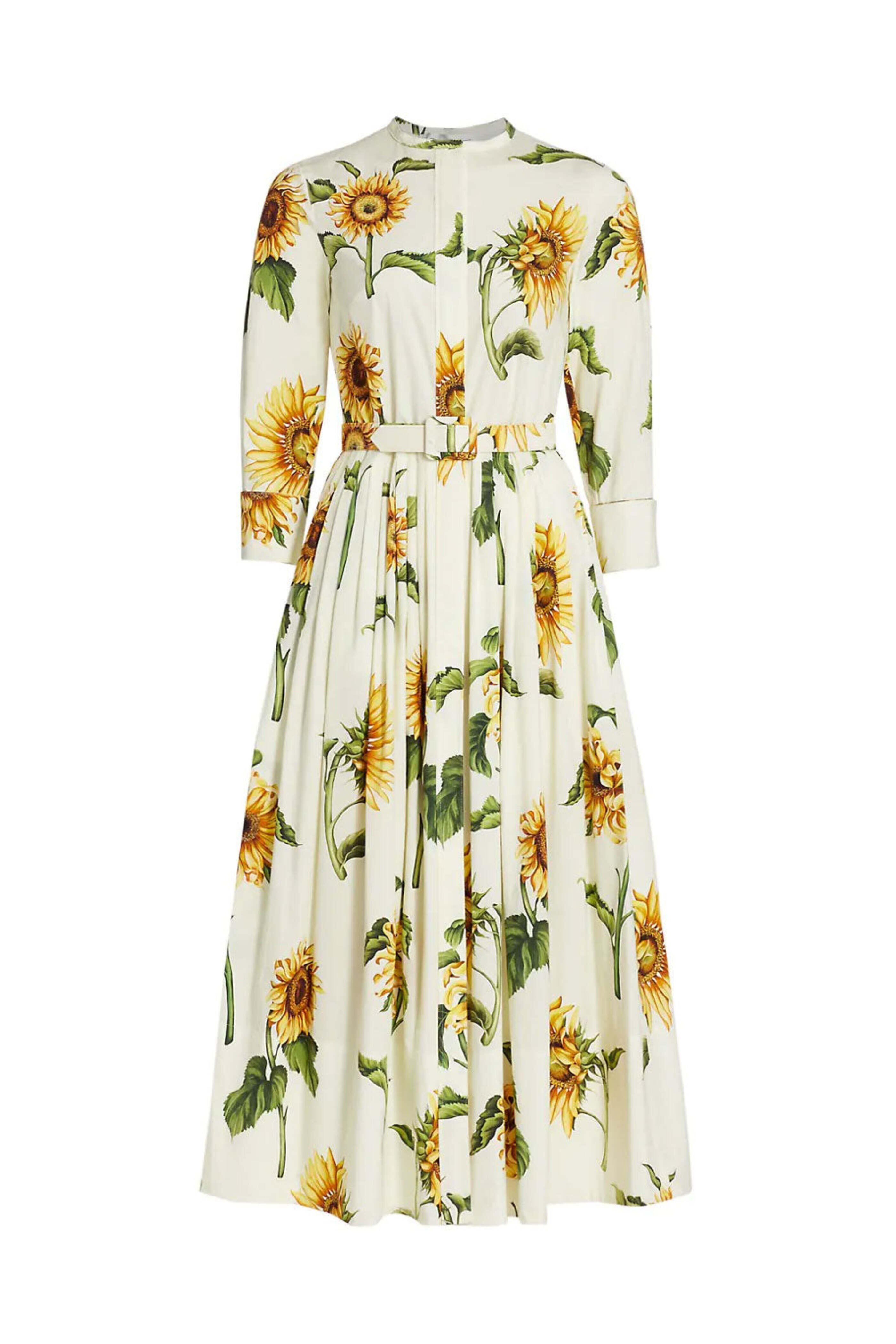 Oscar de la Renta - Ivory Multi Sunflower Poplin Shirt Dress