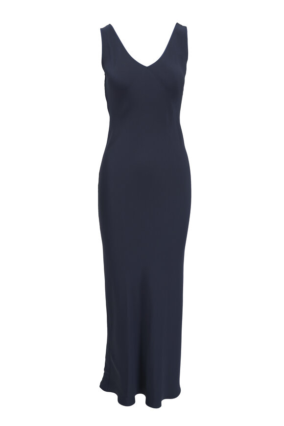 Peter Cohen - Low Back 4-Ply Silk Navy Maxi Dress 