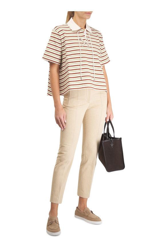 Moncler Cream, Green & Brown Stripe Lace Up Polo Shirt - view 2