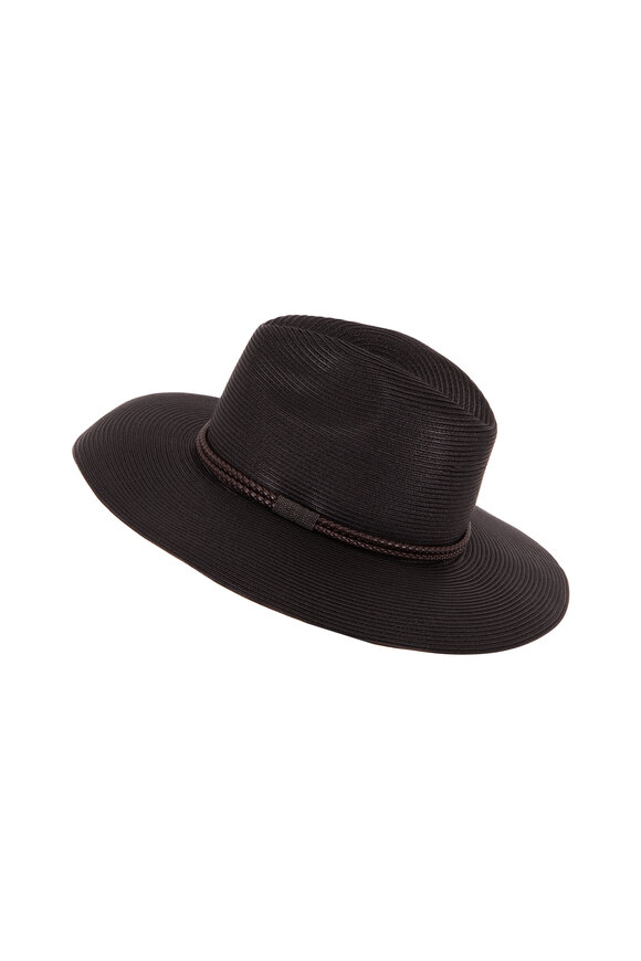 Brunello Cucinelli - Black Fedora With Braided Leather & Monili Trim 