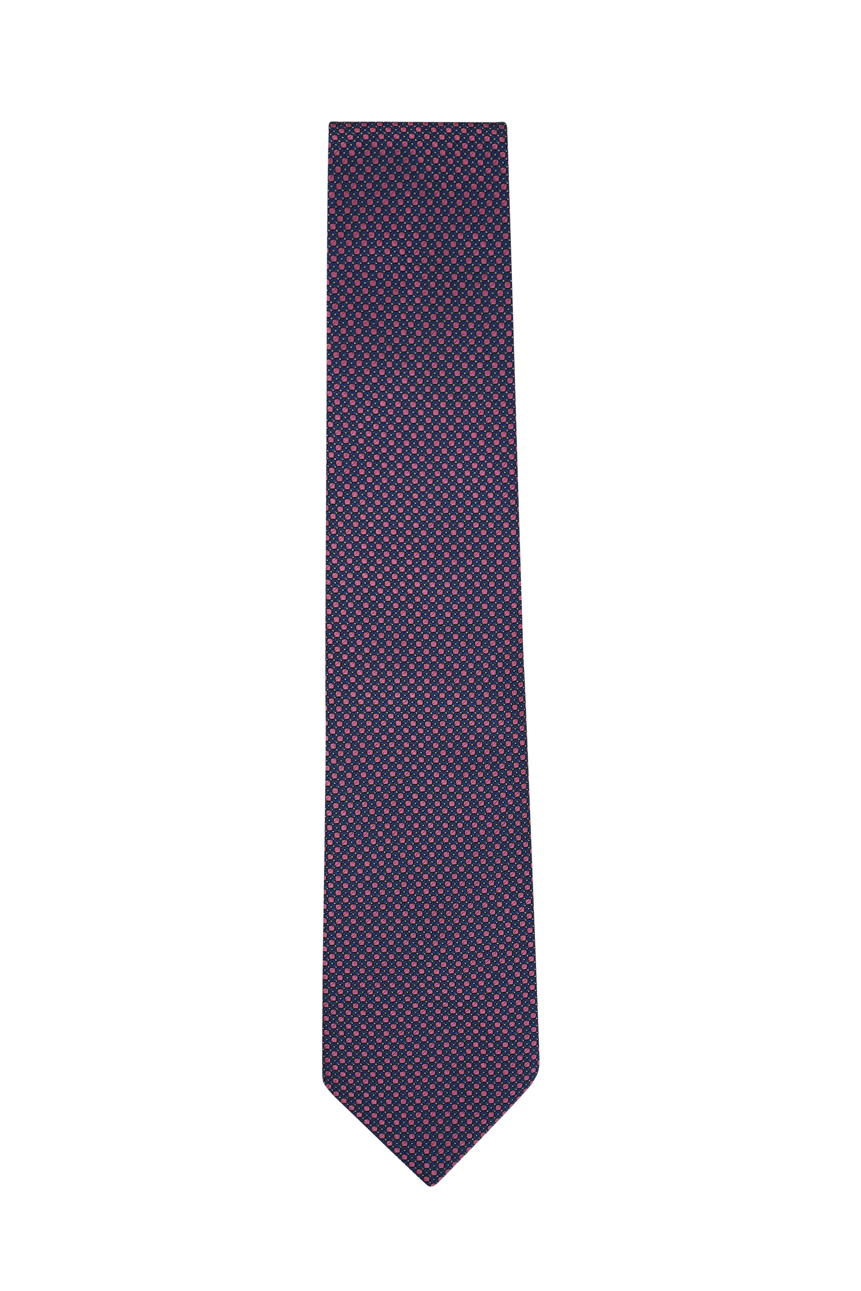 Brioni - Pink & Navy Geometric Print Silk Necktie