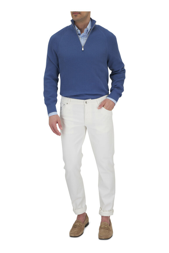 Brunello Cucinelli - Blue Ribbed Cotton Quarter Zip Sweater 