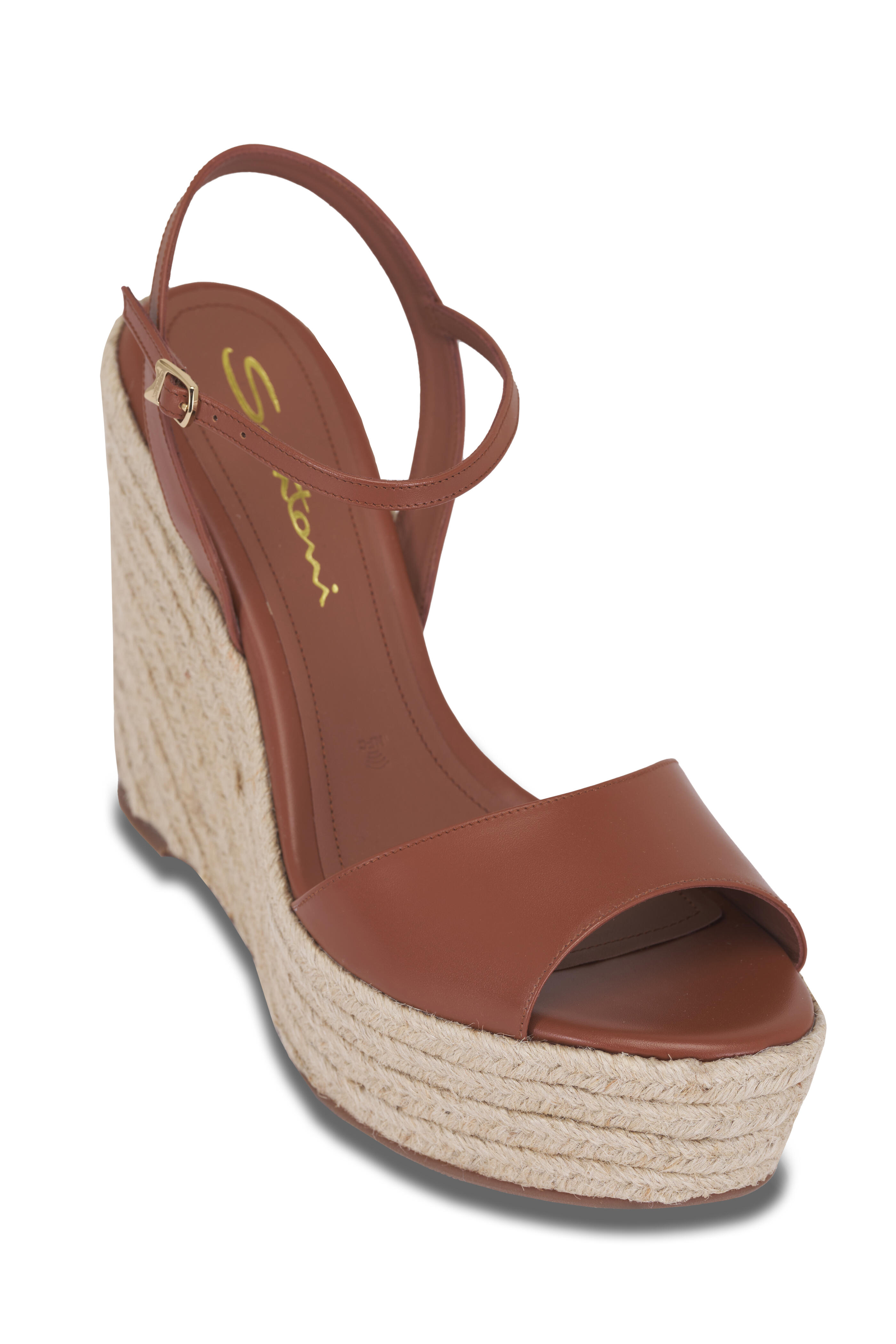 Santoni - Nizza Brown Leather Espadrille Wedge. 70mm