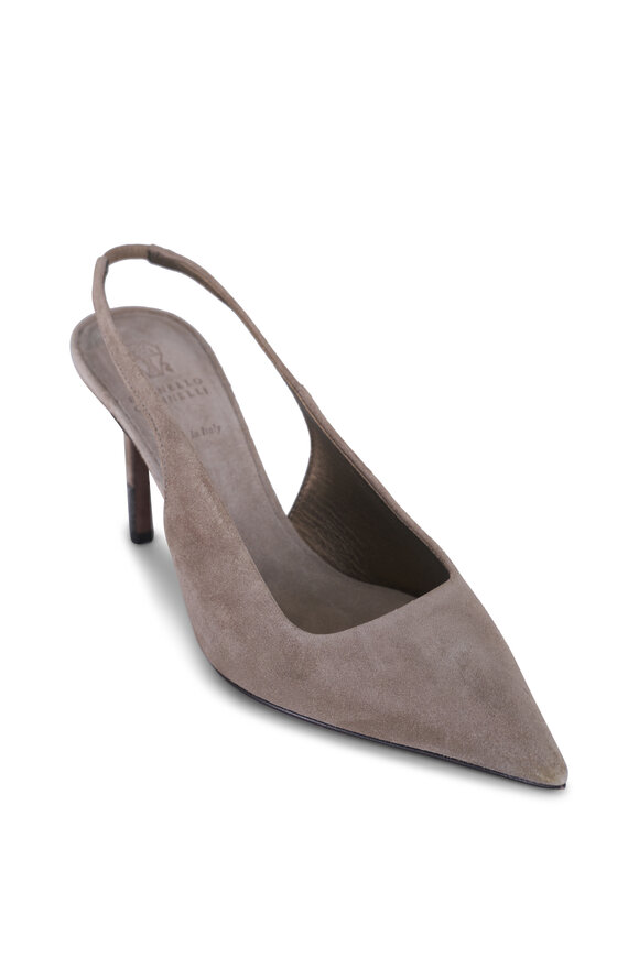 Brunello Cucinelli Light Gray Suede Slingback Heel, 80mm