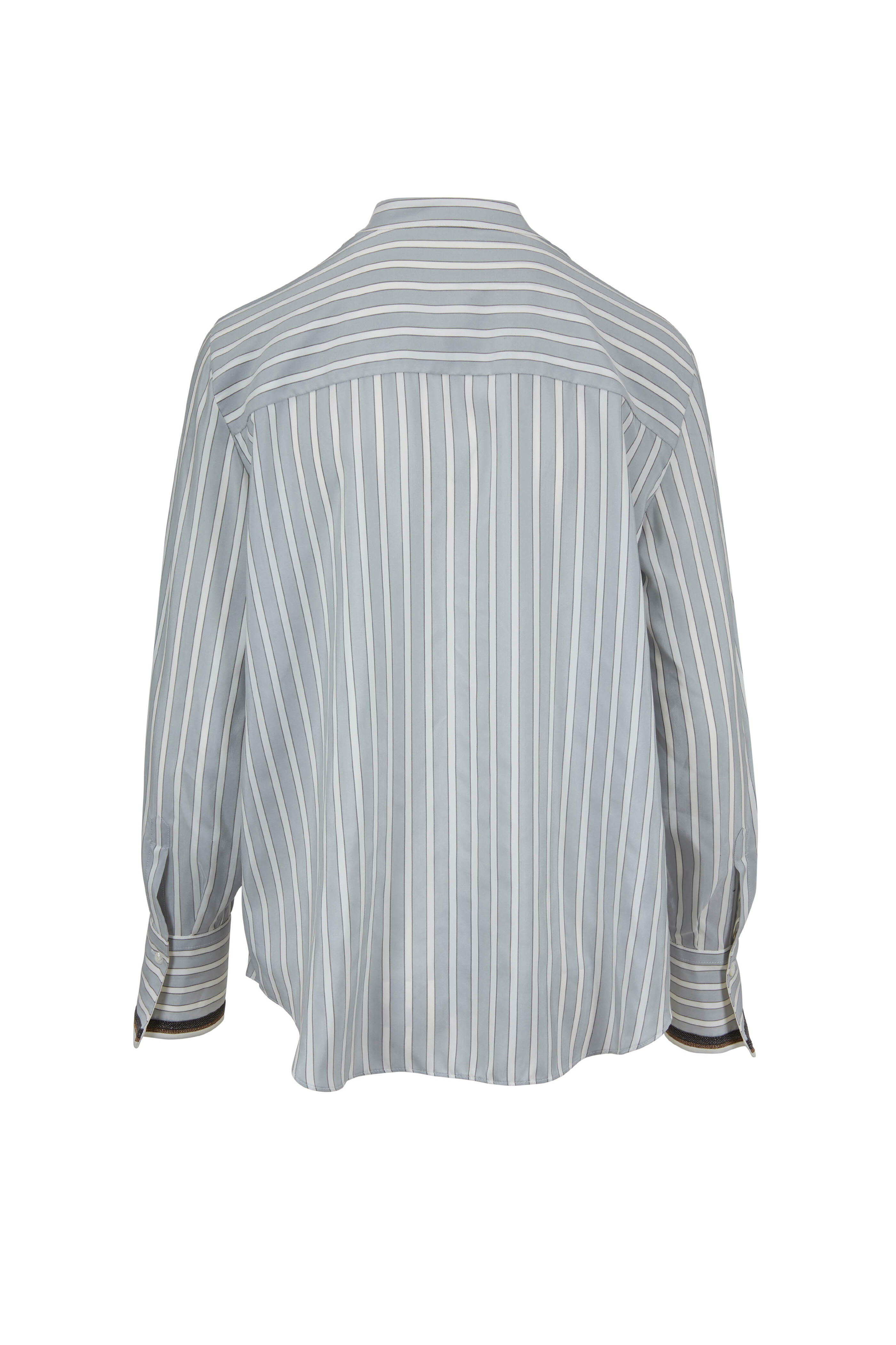 Brunello Cucinelli - Mist Silk Stripe Monili Cuff Blouse