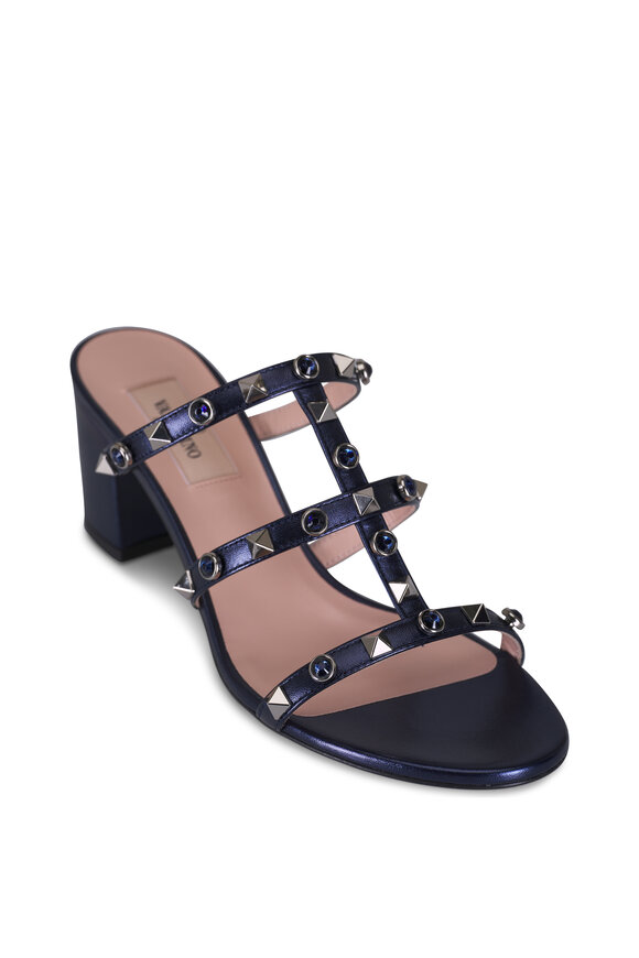 Valentino Garavani Indigo Rockstud Metallic Leather Sandal, 60mm