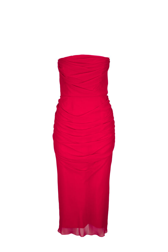 Carolina Herrera Herrera Red Strapless Draped Midi Dress