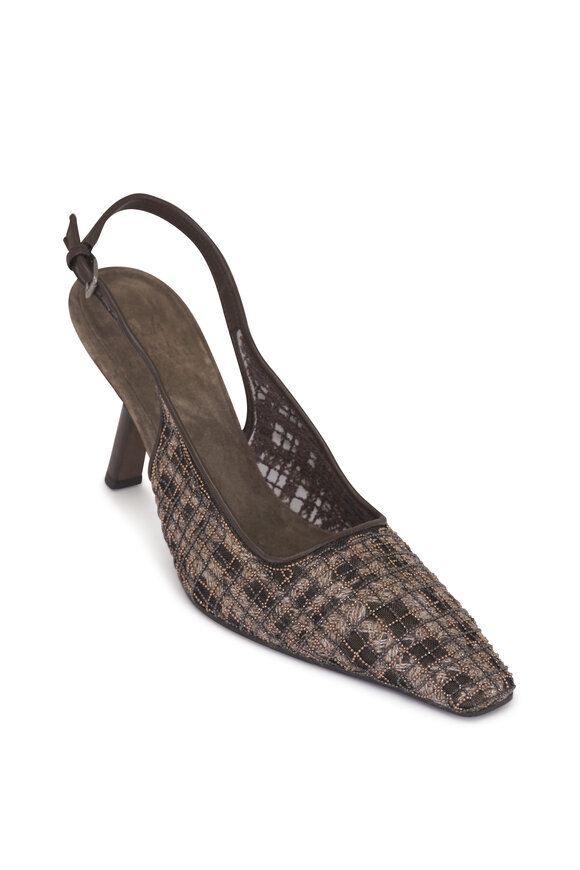 Brunello Cucinelli Embellished Brown Plaid Monili Slingback, 55mm - view 1