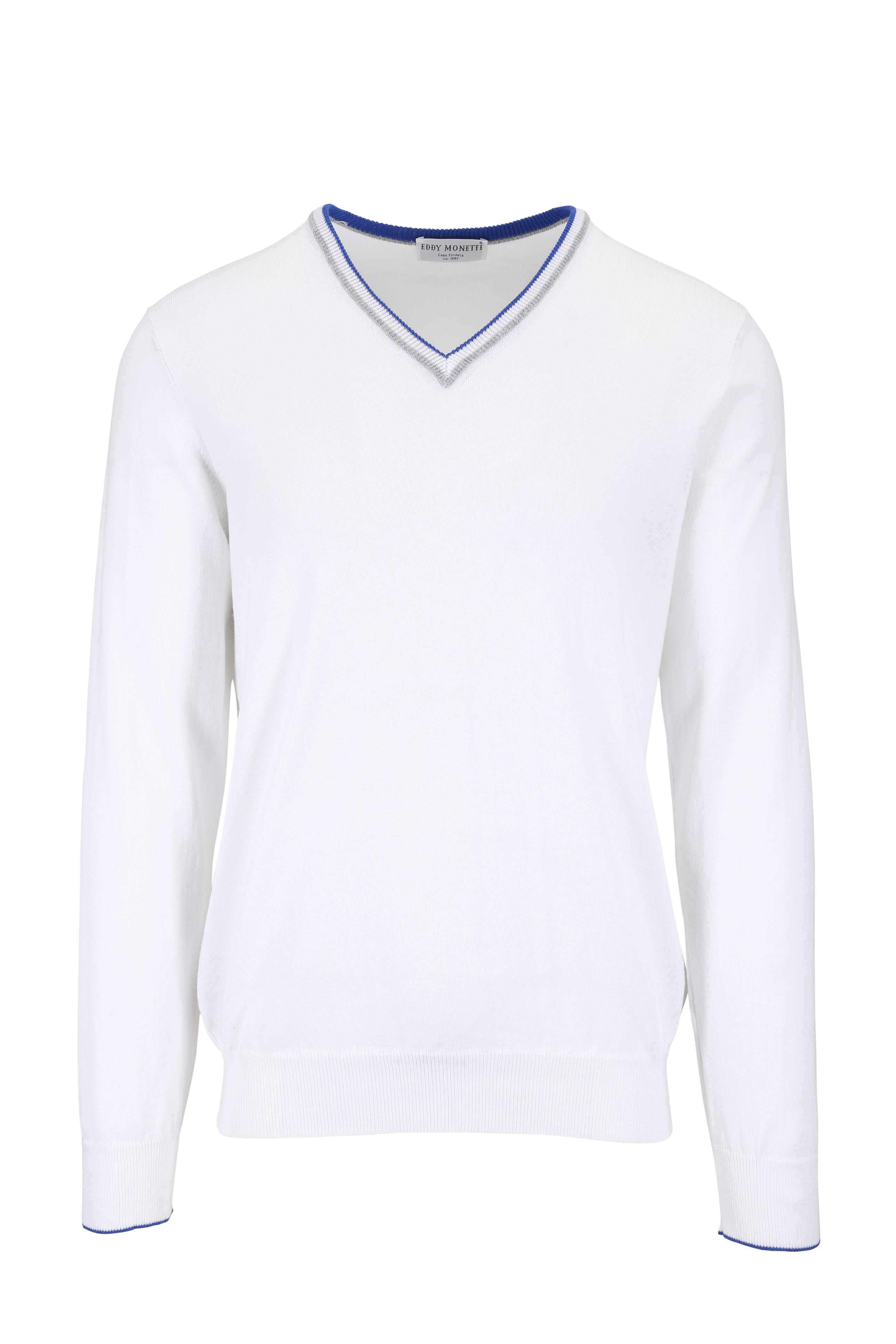 Eddy Monetti - White Cotton V-Neck Pullover
