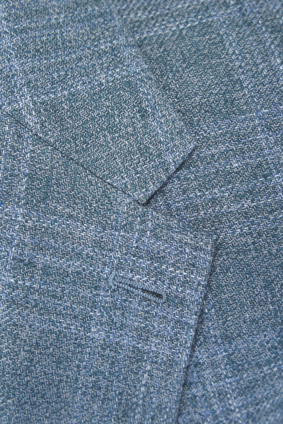 Zegna Teal & Blue Check Linen, Wool & Silk Sportcoat - view 4