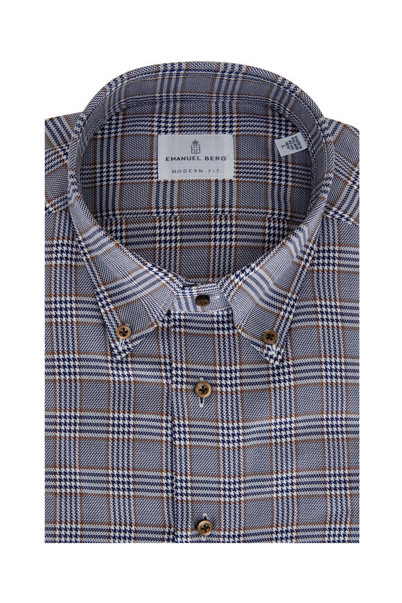 Emanuel Berg - White & Blue Check Twill Sport Shirt