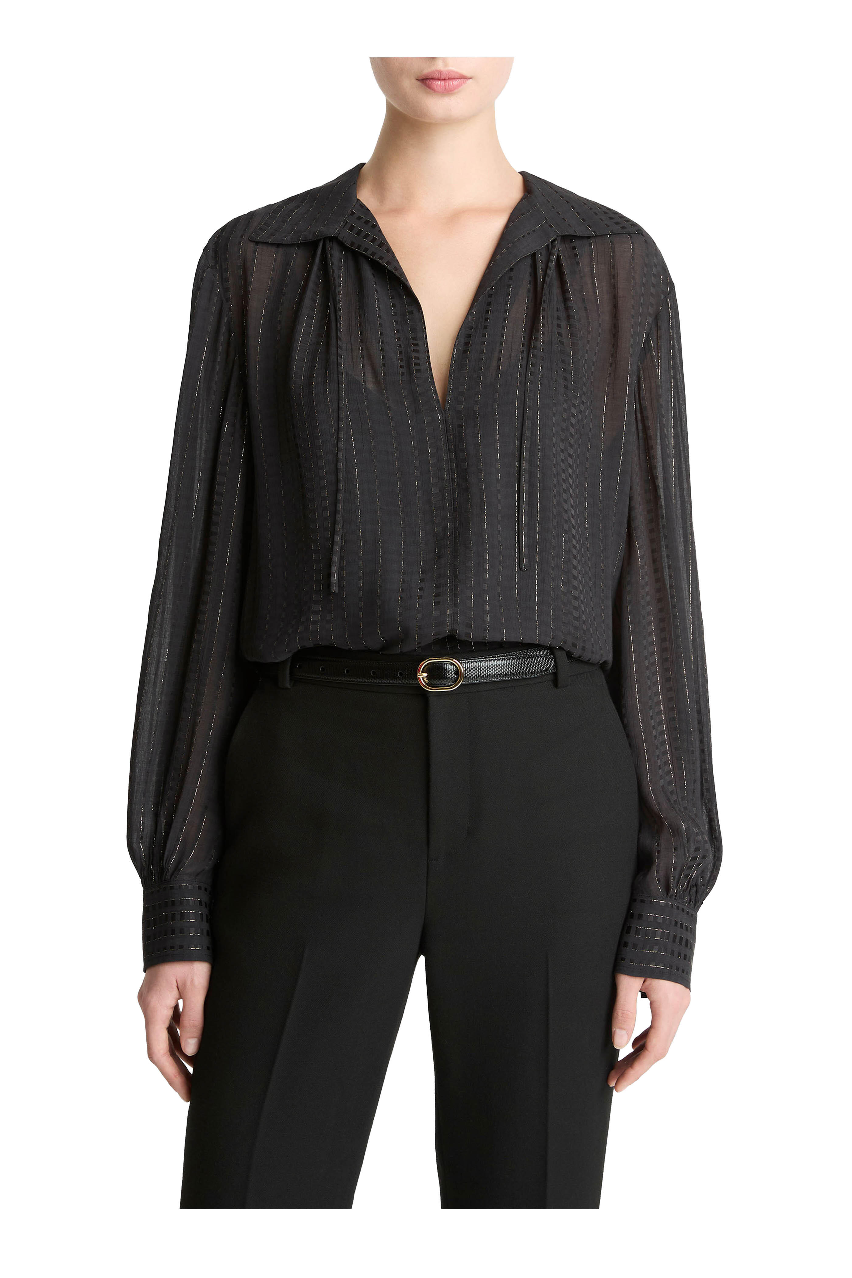 Vince - Black Metallic Stripe Lurex Gathered Blouse