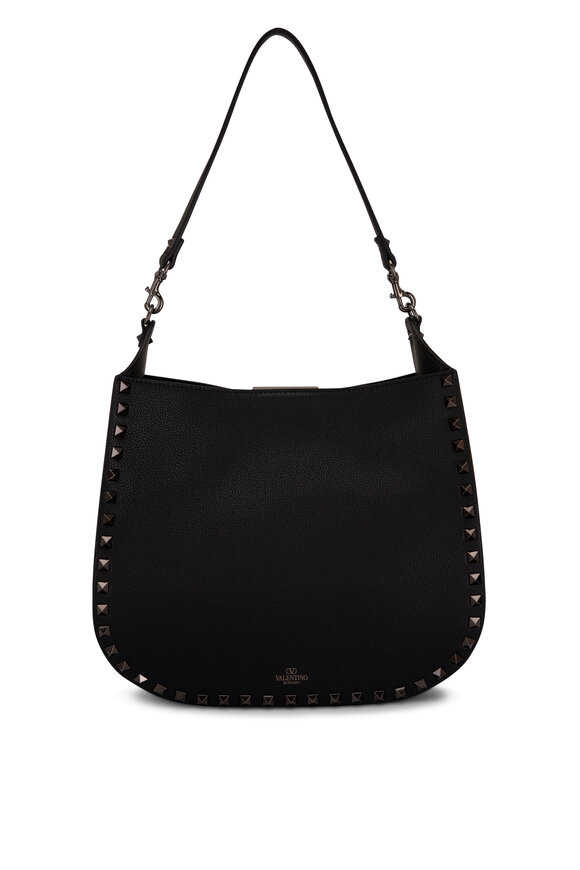 Valentino Garavani - Small Rockstud Black Grain Leather Hobo Bag 