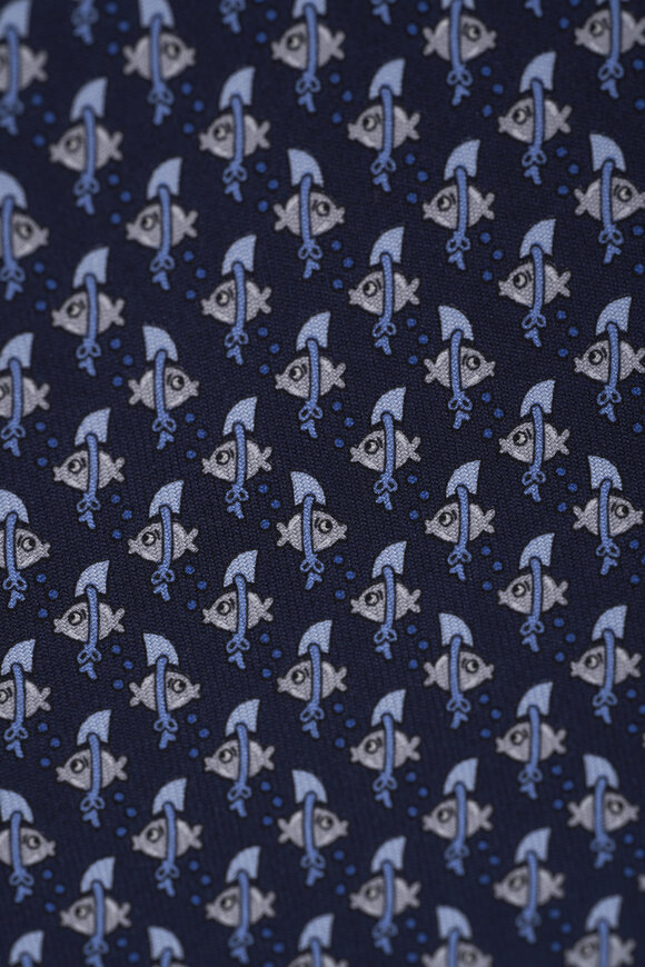 Ferragamo - Navy Fish Print Silk Necktie 