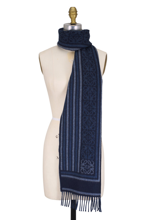 Loewe Navy Blue & Gray Anagram Jacquard Stripe Scarf