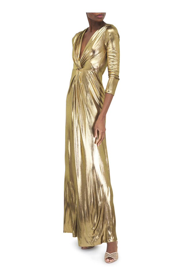 Designer outfit featuring Gold Knot V-Back Gown and Turgimodla Black Flocked Tulle T-Bar Pump, 50mm