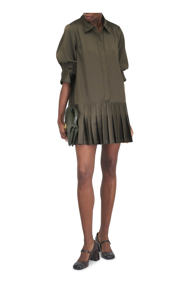 Designer outfit featuring Regina Dark Olive Mini Shirt Dress and Knot Lock Bark Green Intrecciato Leather Bag