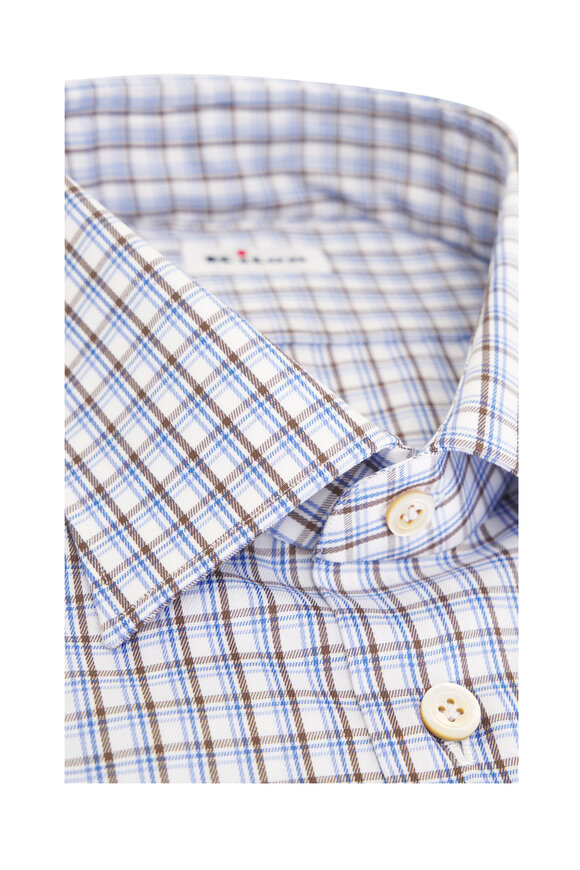 Kiton - White, Blue & Brown Check Cotton Dress Shirt