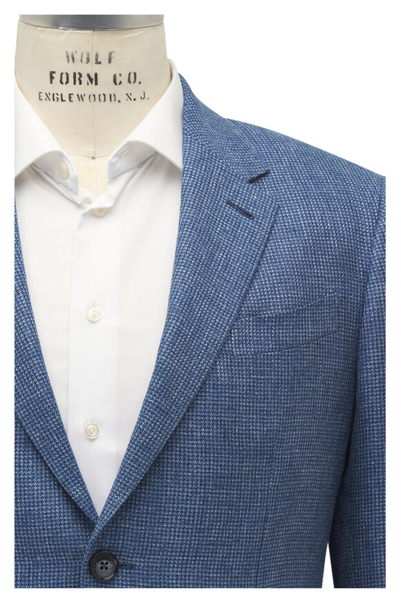 Zegna Blue Mini Check Linen, Wool & Silk Sportcoat