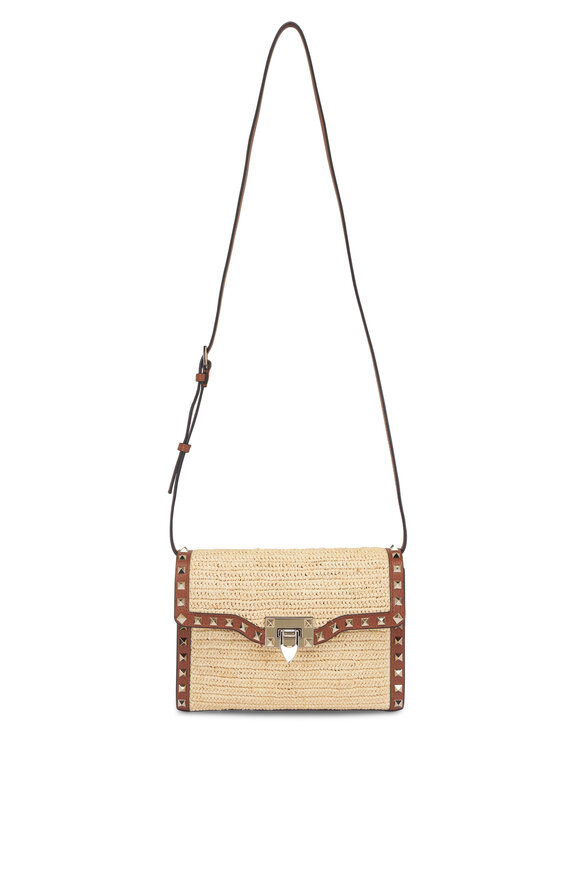 Valentino Garavani Small Natural Raffia Rockstud Shoulder Bag