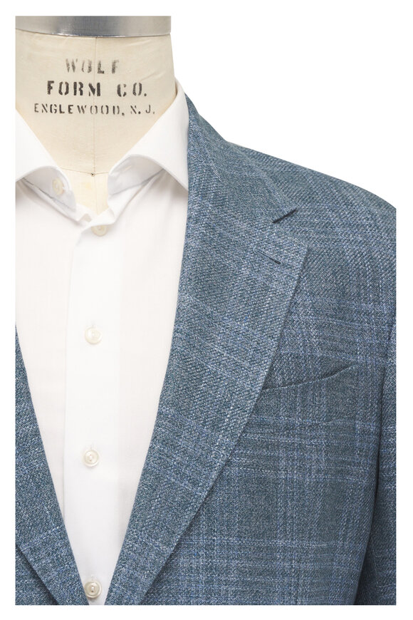 Zegna Teal & Blue Check Linen, Wool & Silk Sportcoat