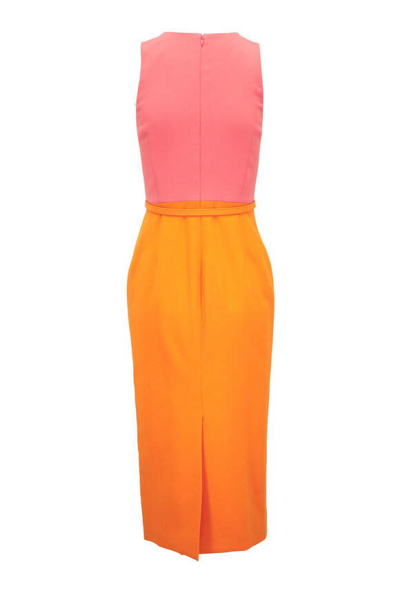 Carolina Herrera Orange & Pink Belted Wool Sleeveless Midi Dress - view 5