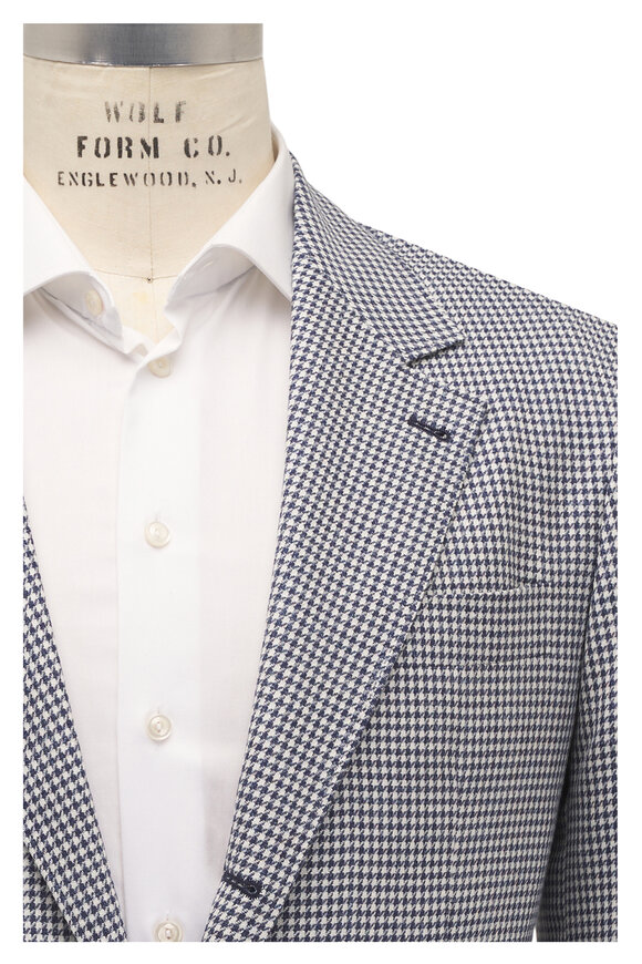 Brunello Cucinelli Blue Houndstooth Wool, Silk & Linen Sportcoat
