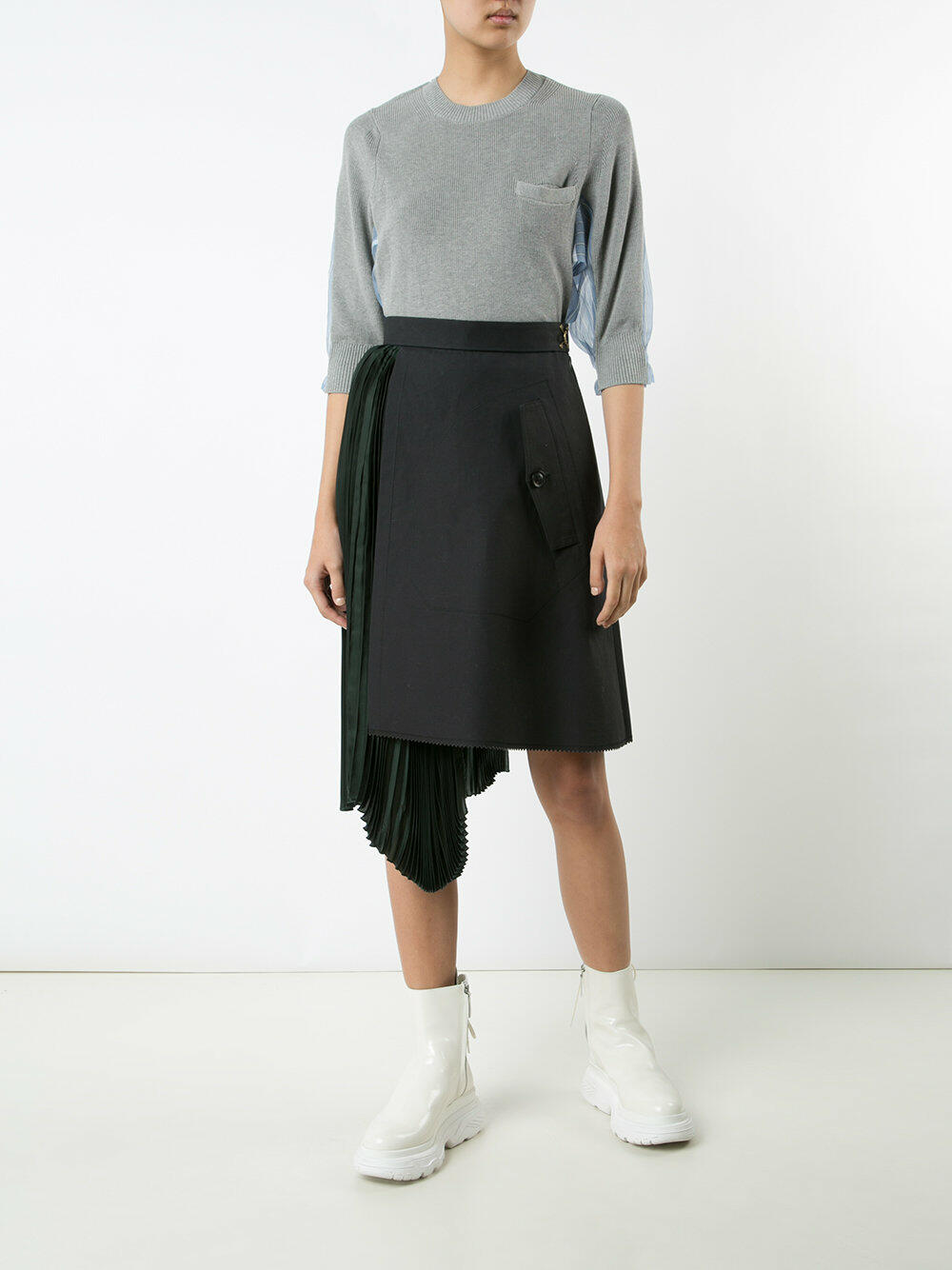 Sacai - Gray Knit & Blue Striped Organza Sweater