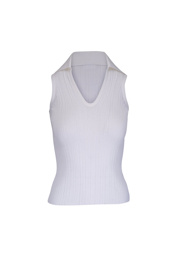 Agnona White Cotton & Silk Sleeveless Micro Plisse Polo