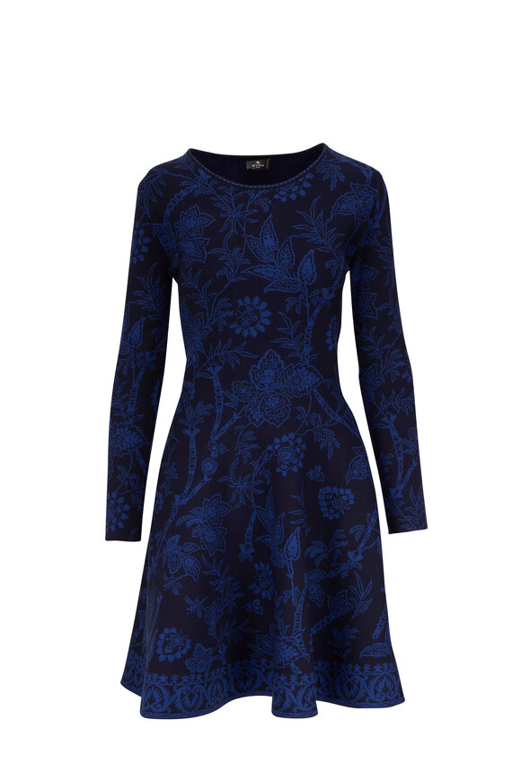 Etro - Black & Blue Floral Knit Sweater Dress 