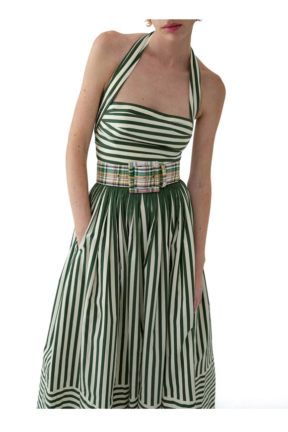 Carolina Herrera Ivory & Racing Green Stripe Halter Dress - view 4